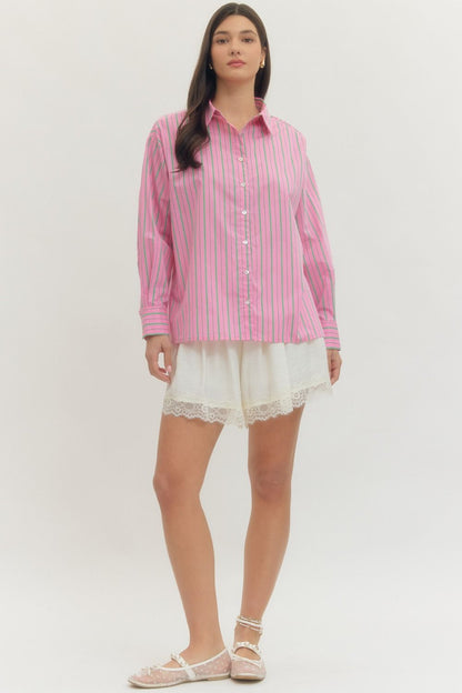 Pink and Green Striped Button-Up Blouse, available in sizes XS-XL.