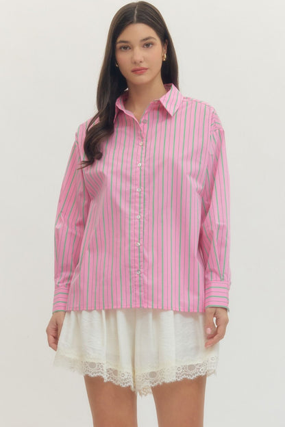 Pink and Green Striped Button-Up Blouse, available in sizes XS–XL. Features button front and classic collar.