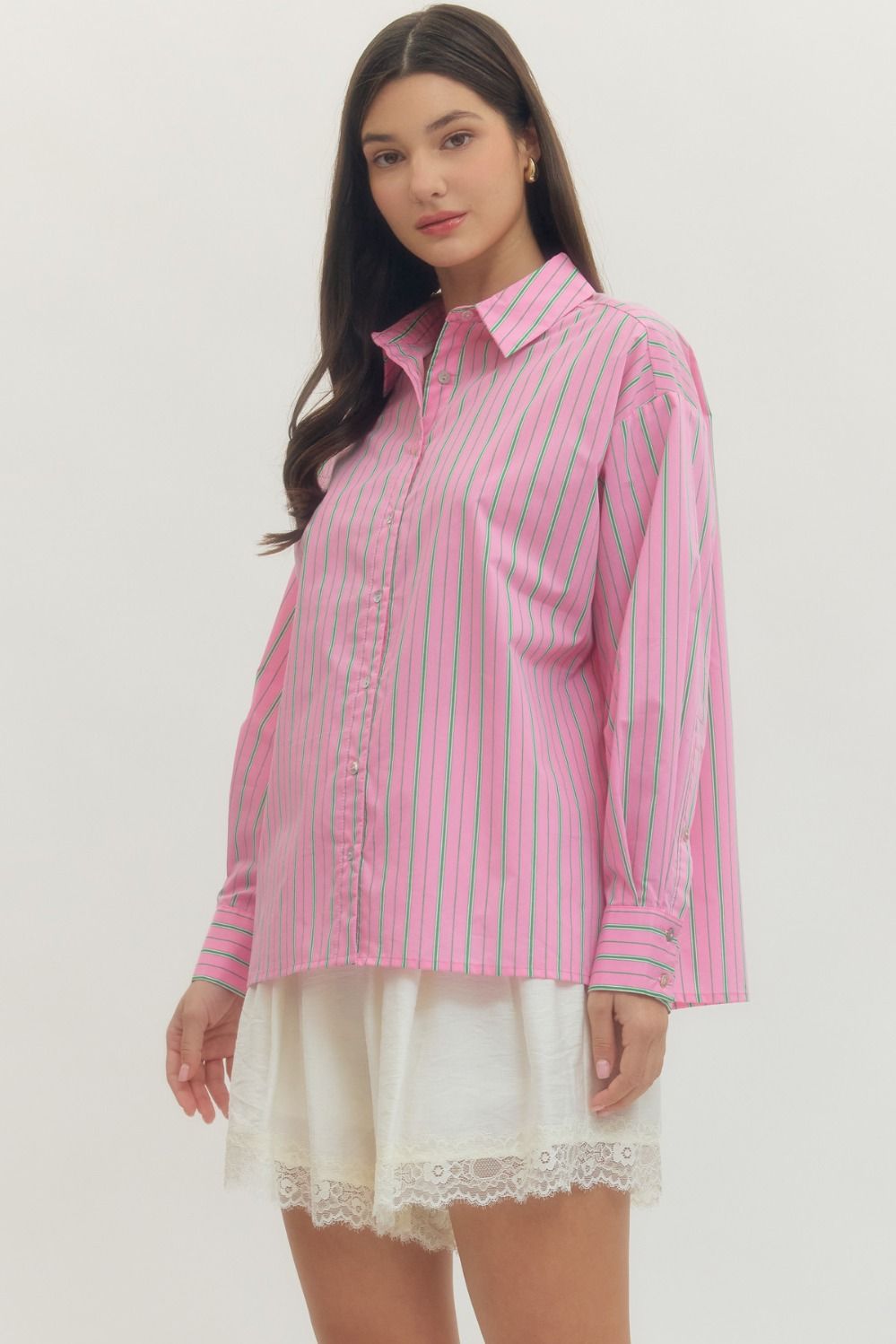 Pink and Green Striped Button-Up Blouse; available in sizes XS–XL.