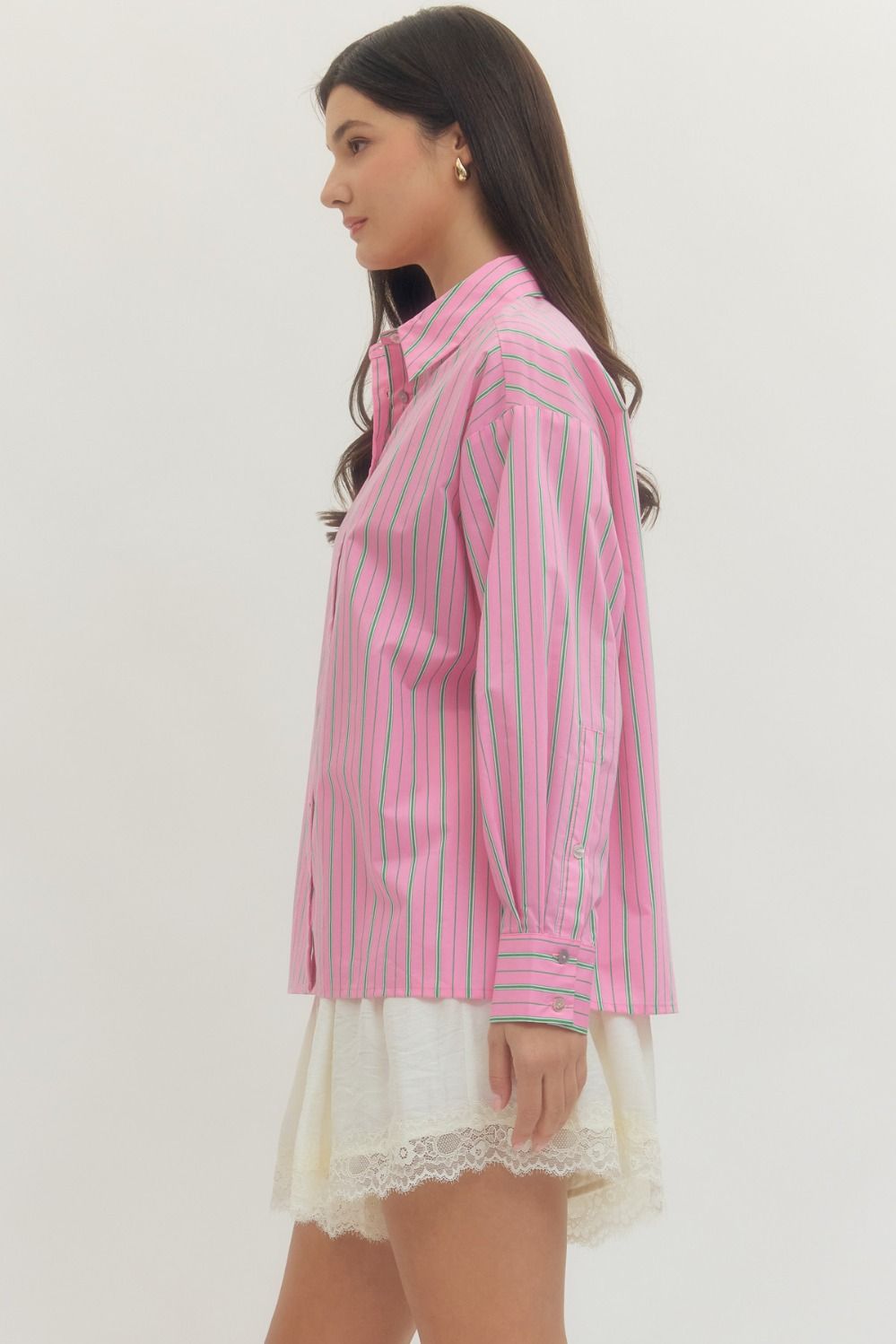 Pink and Green Striped Button-Up Blouse, lightweight with vertical stripes, available in sizes XS-XL.