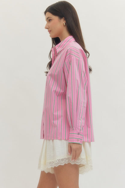 Pink and Green Striped Button-Up Blouse, lightweight with vertical stripes, available in sizes XS-XL.
