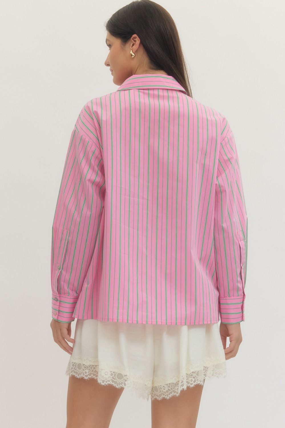 Pink and green striped button-up blouse, available in sizes XS-XL.