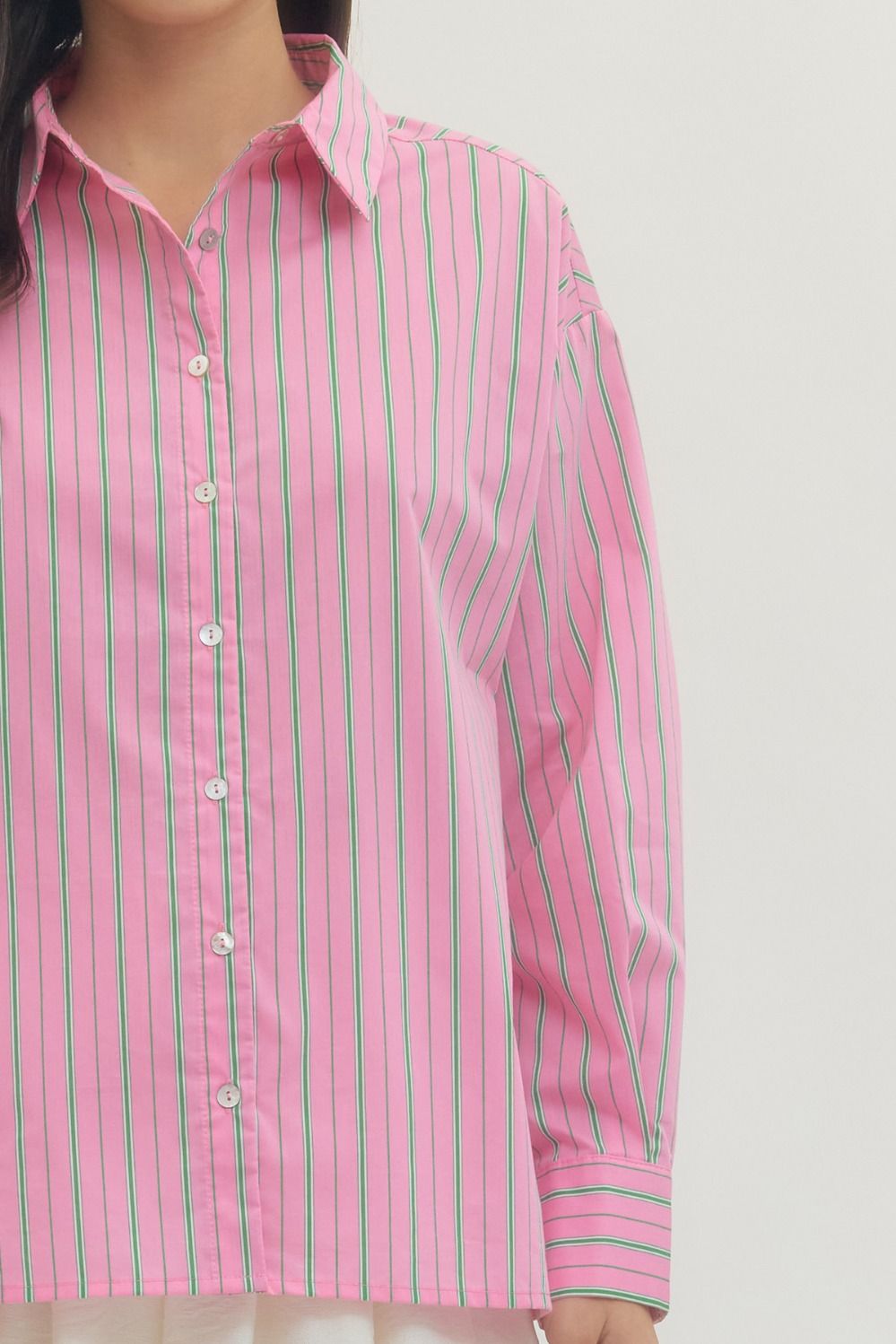 Pink and Green Striped Button-Up Blouse with green and white vertical stripes. Available in sizes XS-XL.