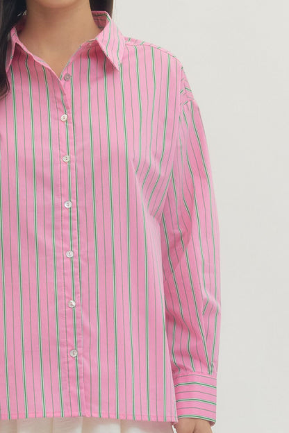 Pink and Green Striped Button-Up Blouse with green and white vertical stripes. Available in sizes XS-XL.