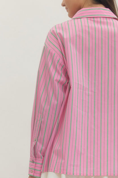 Pink and Green Striped Button-Up Blouse with pink, green, and white vertical stripes. Available in sizes XS–XL.