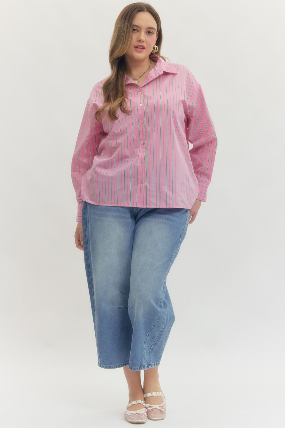 Pink and Green Striped Button-Up Blouse, available in sizes XS-XL.