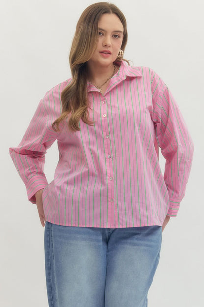 Pink and Green Striped Button-Up Blouse, lightweight woven fabric; available in sizes XS–XL.