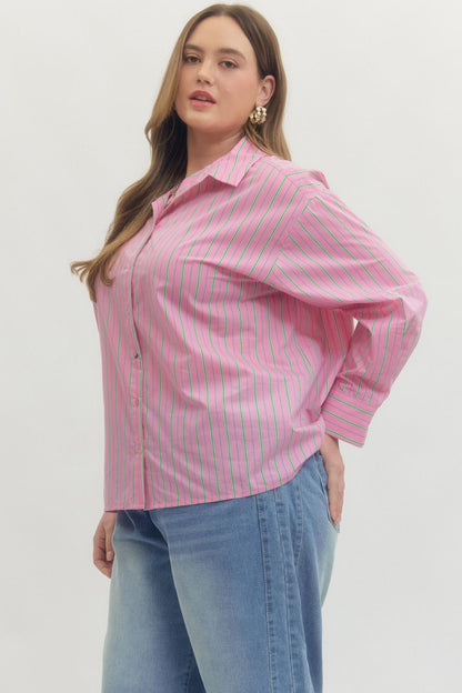 Pink and Green Striped Button-Up Blouse, available in sizes XS-XL.