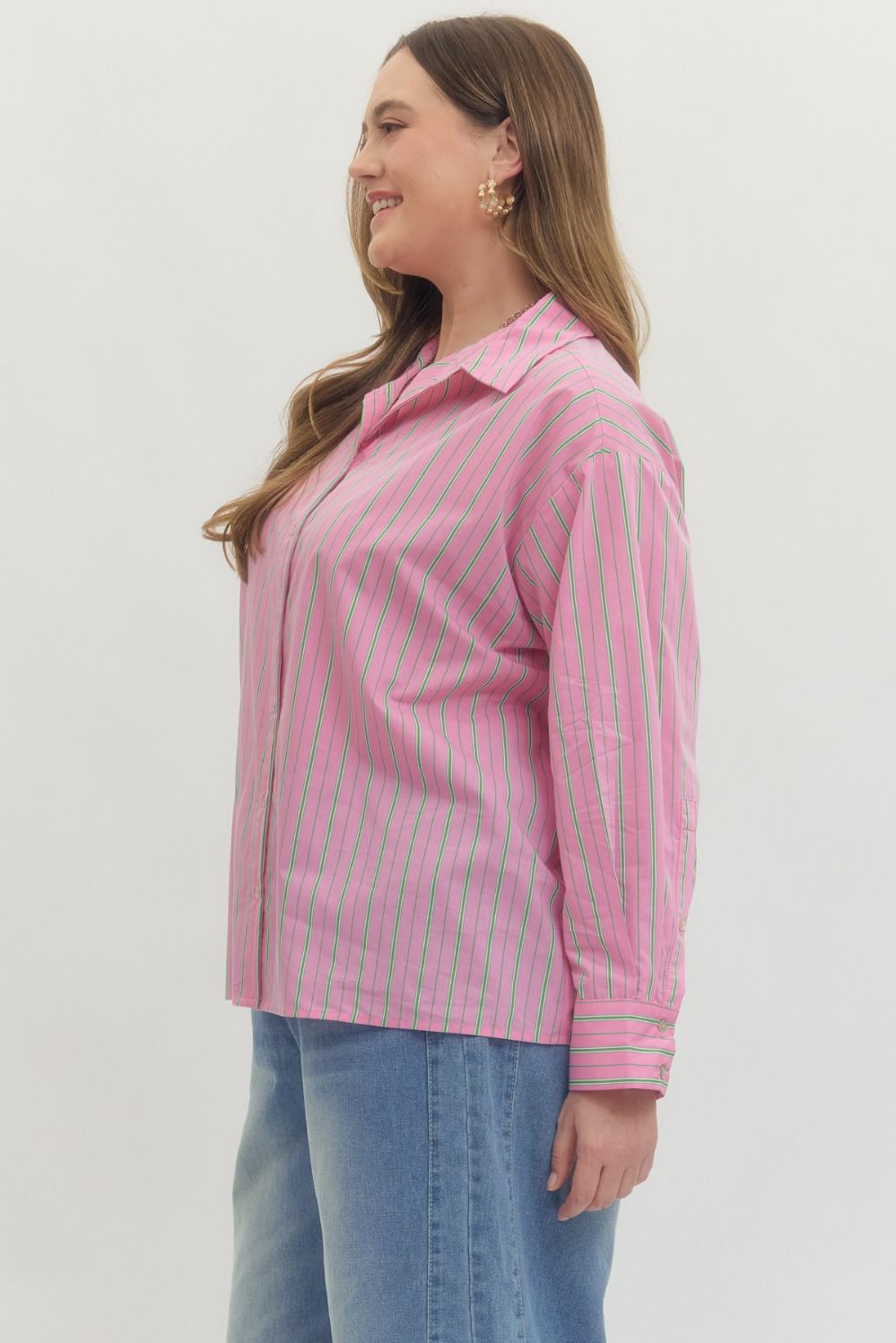 Pink and green striped button-up blouse with white accents. Available in sizes XS-XL.