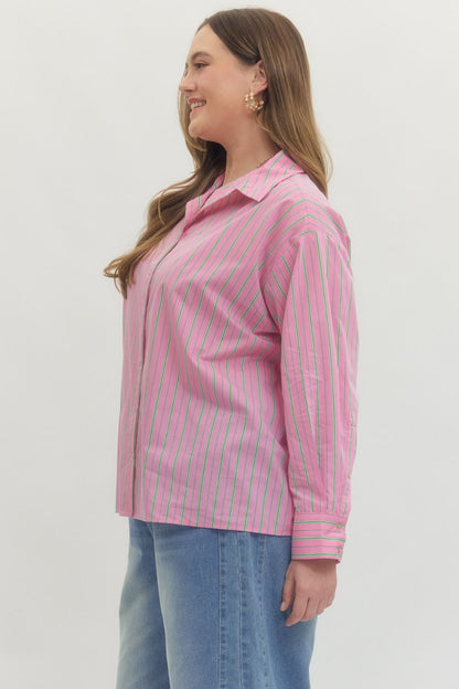 Pink and green striped button-up blouse with white accents. Available in sizes XS-XL.