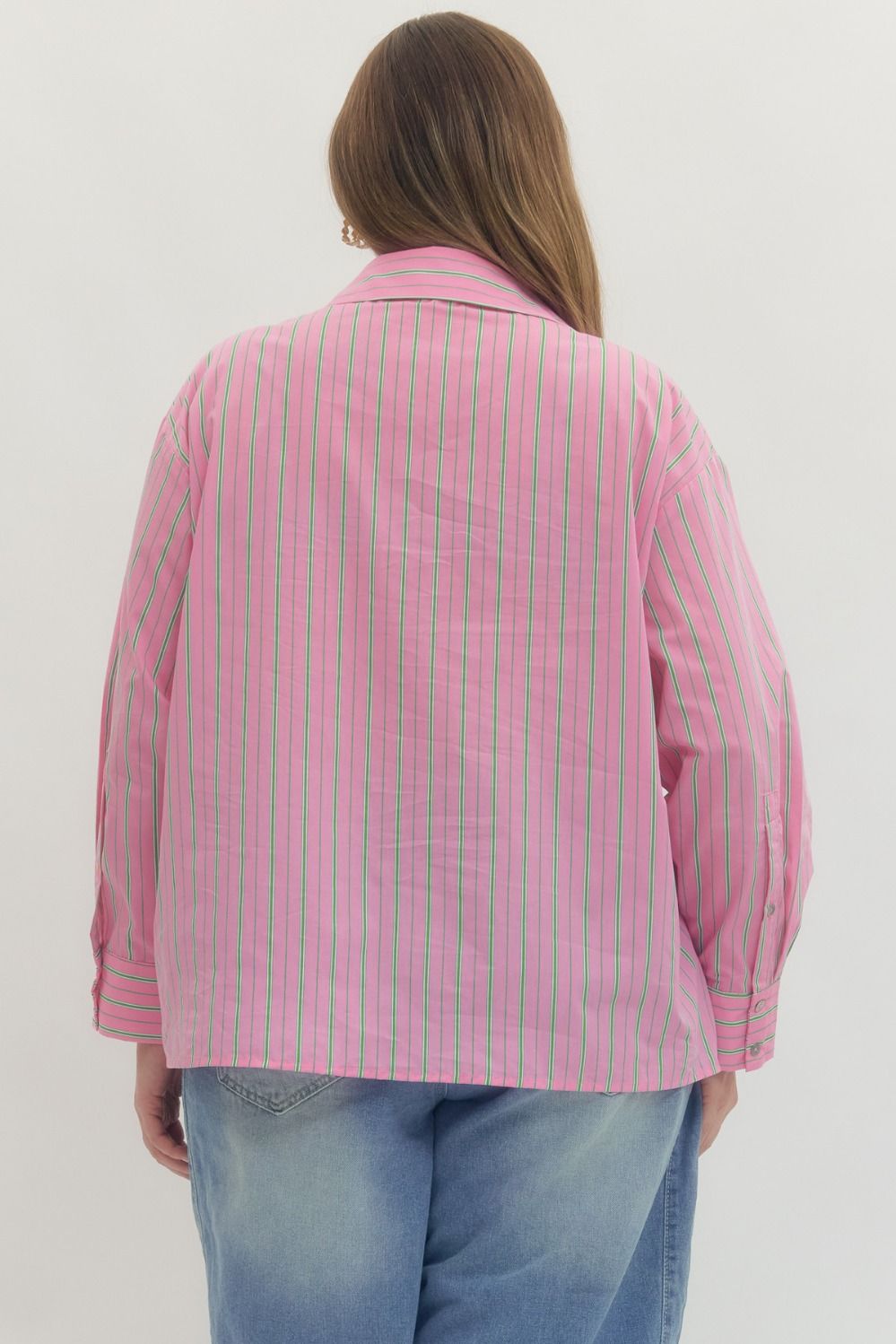 Pink and green striped button-up blouse; available in sizes XS-XL.