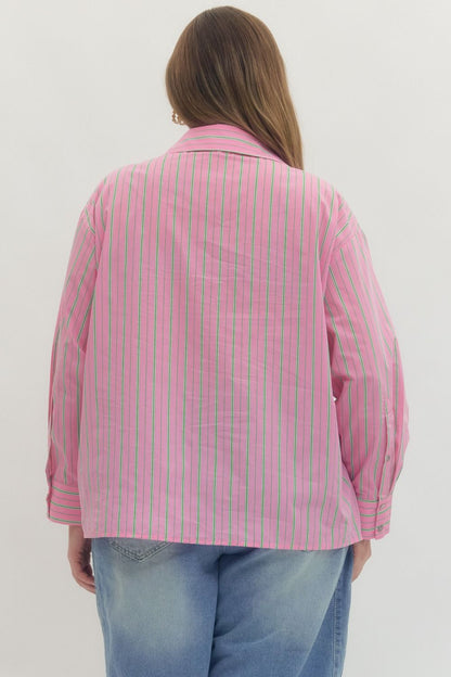 Pink and green striped button-up blouse; available in sizes XS-XL.