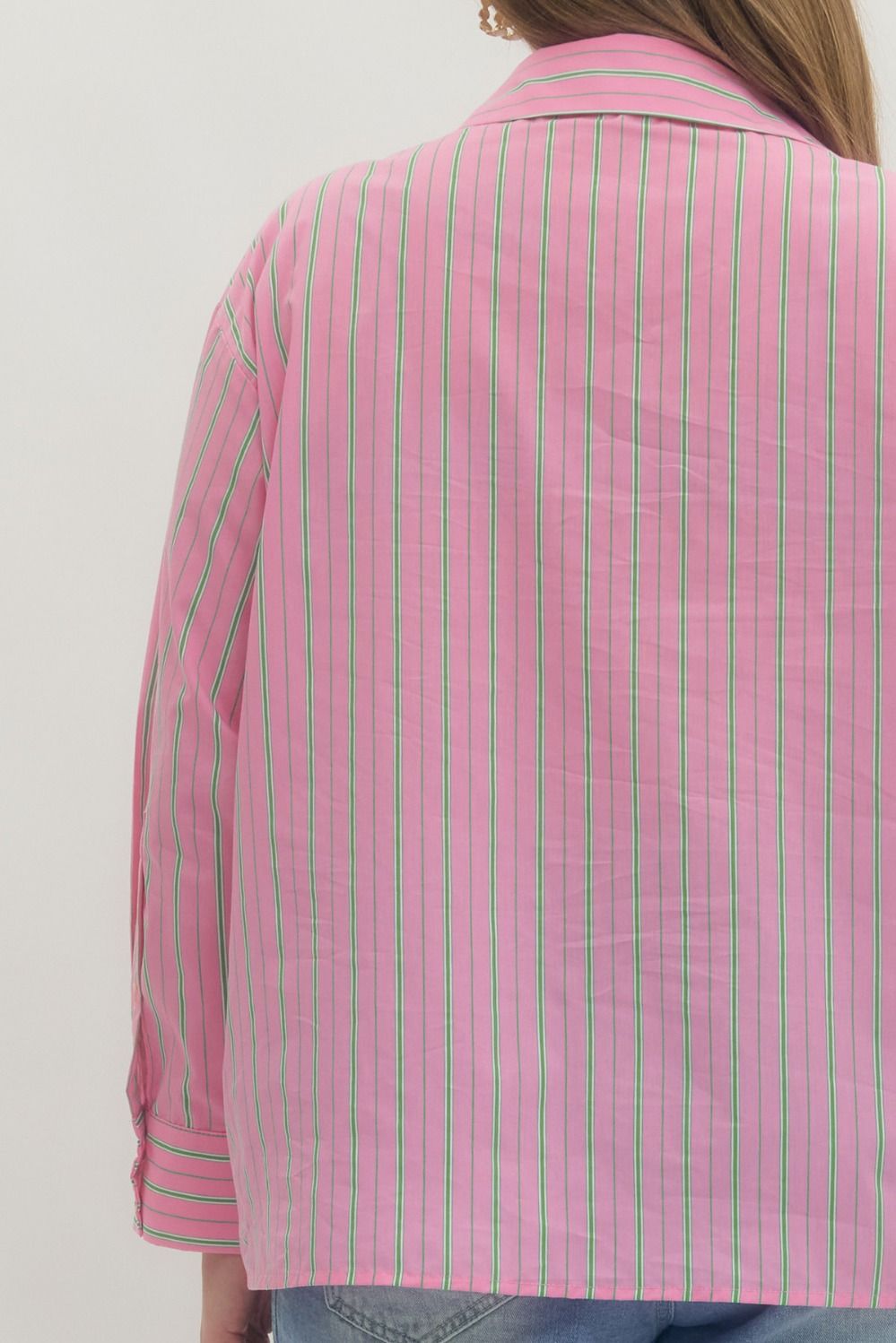 Pink and Green Striped Button-Up Blouse with green and white vertical stripes. Available in sizes XS–XL.
