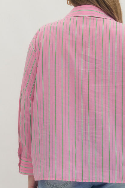 Pink and Green Striped Button-Up Blouse with green and white vertical stripes. Available in sizes XS–XL.