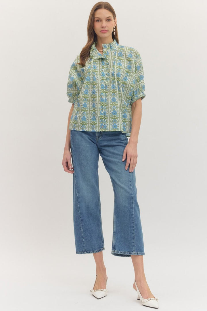 Botanical Print Dolman Sleeve Top in green and blue with ruffled collar/sleeves. Available in XS-XL.
