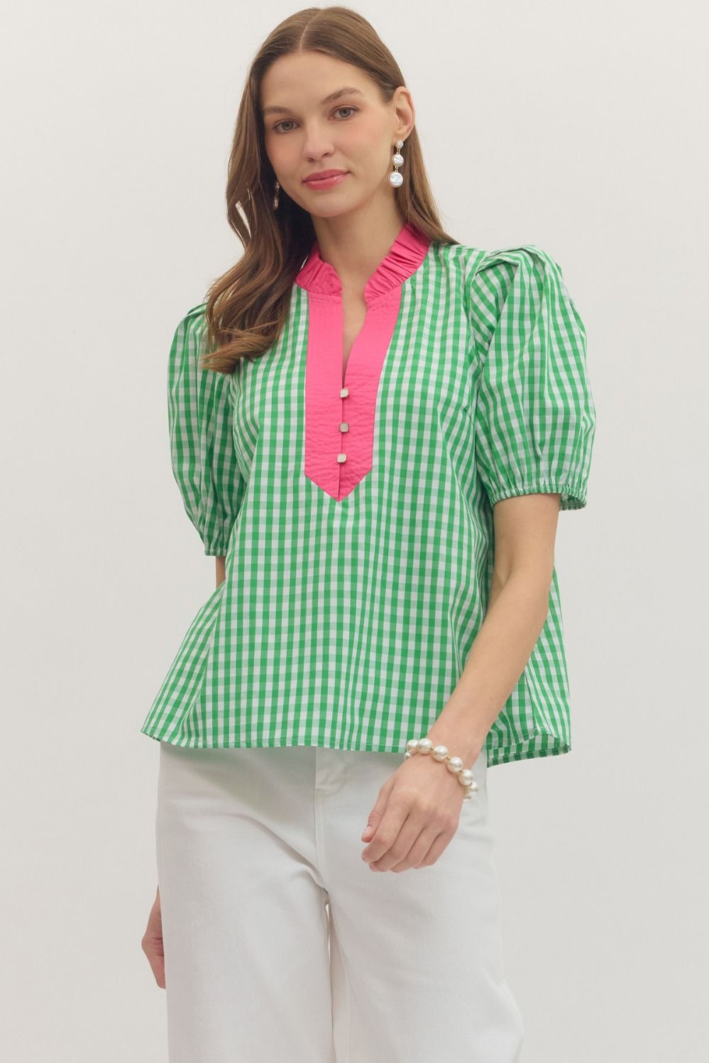 Watermelon Patch Gingham Puff Sleeve Top with puffed sleeves; available in sizes XS–XL.