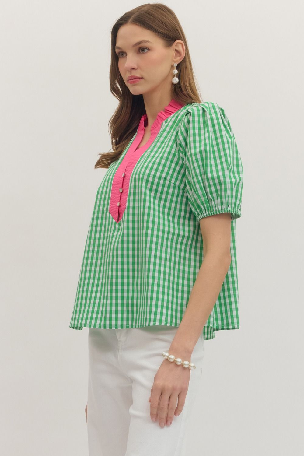 Watermelon Patch Gingham Puff Sleeve Top with bright pink ruffled collar and buttons. Available in sizes XS-XL.