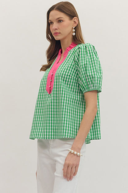 Watermelon Patch Gingham Puff Sleeve Top with bright pink ruffled collar and buttons. Available in sizes XS-XL.