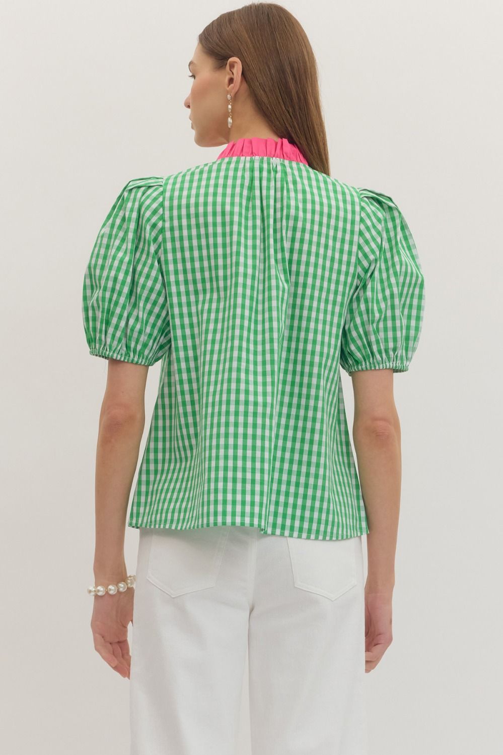 Watermelon Patch Gingham Puff Sleeve Top: 100% cotton, green/white gingham, pink ruffled collar. Sizes XS-XL.