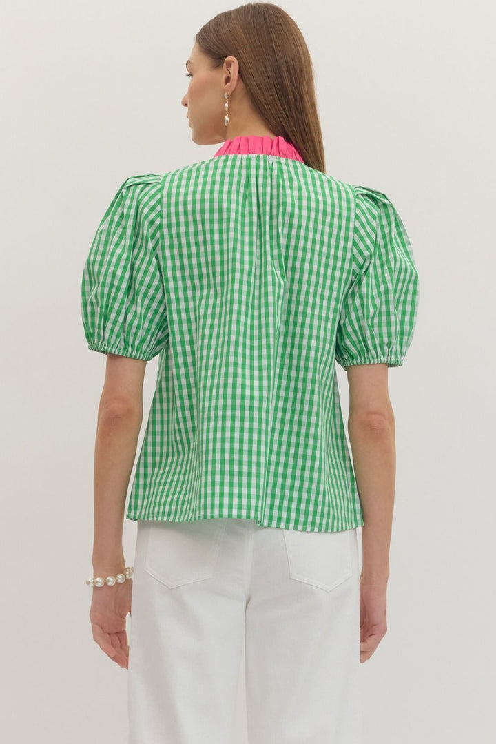 Watermelon Patch Gingham Puff Sleeve Top: 100% cotton, green/white gingham, pink ruffled collar. Sizes XS-XL.