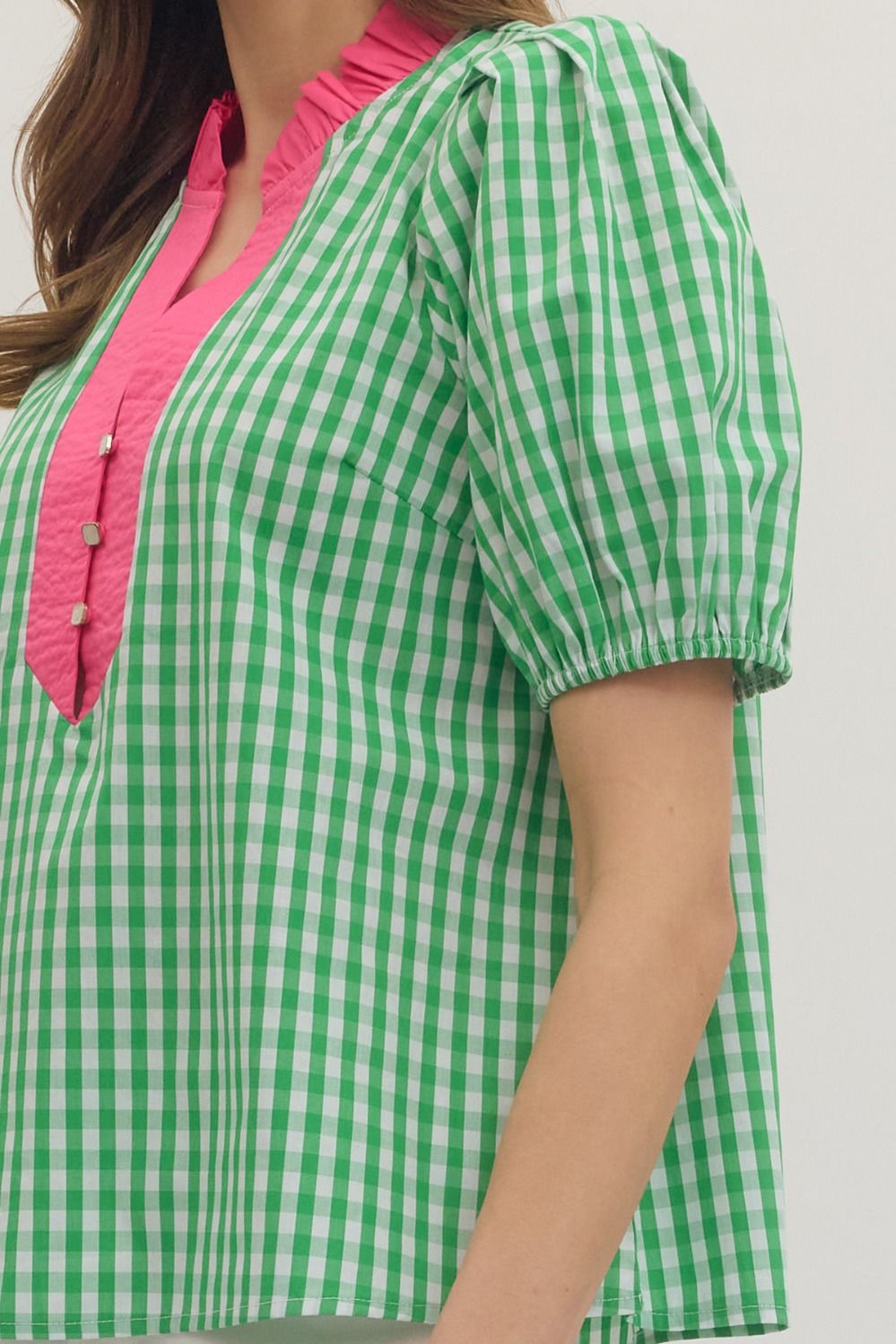 Watermelon Patch Gingham Puff Sleeve Top in 100% cotton, pink ruffled collar, button placket. Sizes XS-XL available.