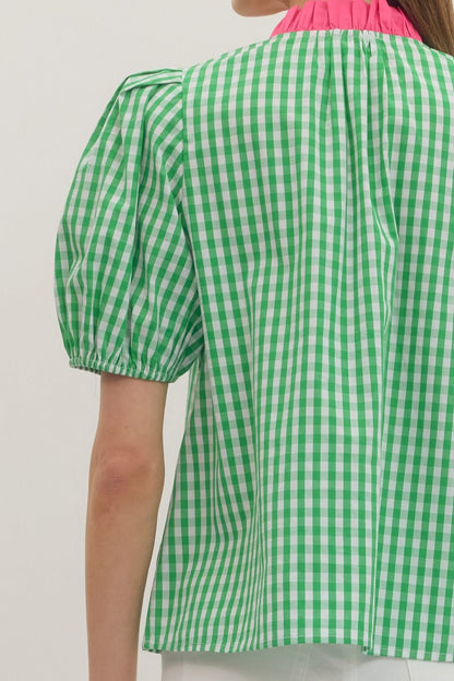 Watermelon Patch Gingham Puff Sleeve Top: green/white gingham, 100% cotton, pink pleated collar. Sizes XS-XL.