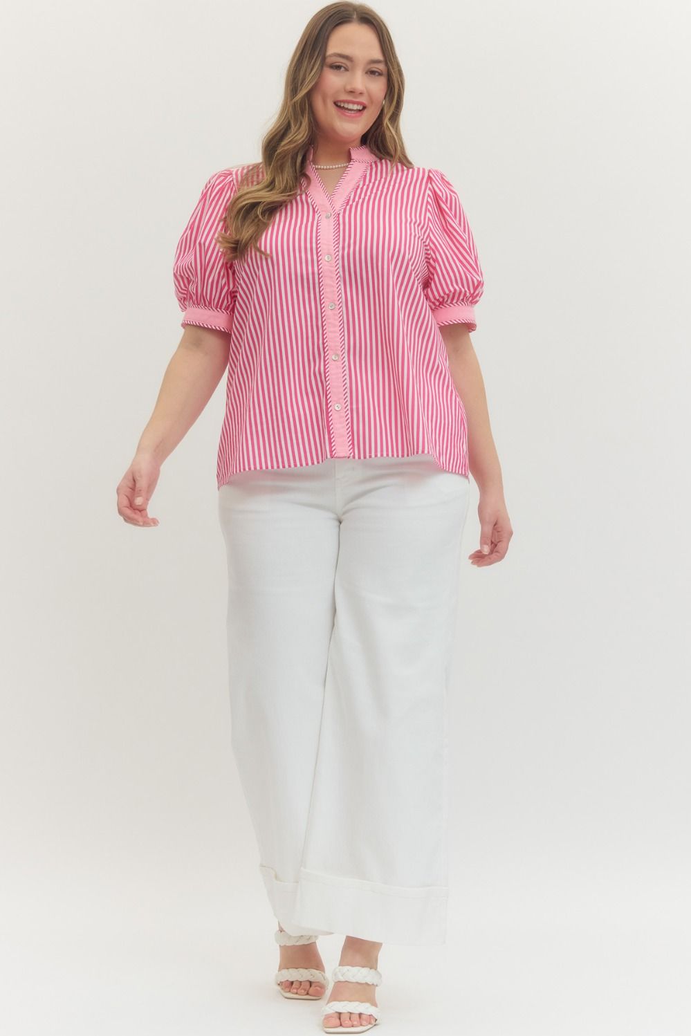 Hot Pink Stripe Print Contrast Top, available in sizes XS-XL. Features bold stripes and contrast detailing.