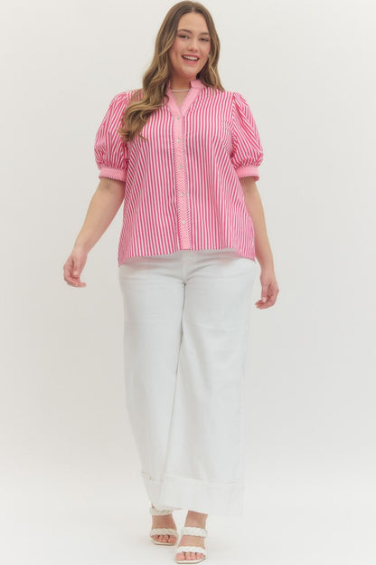 Hot Pink Stripe Print Contrast Top, available in sizes XS-XL. Features bold stripes and contrast detailing.