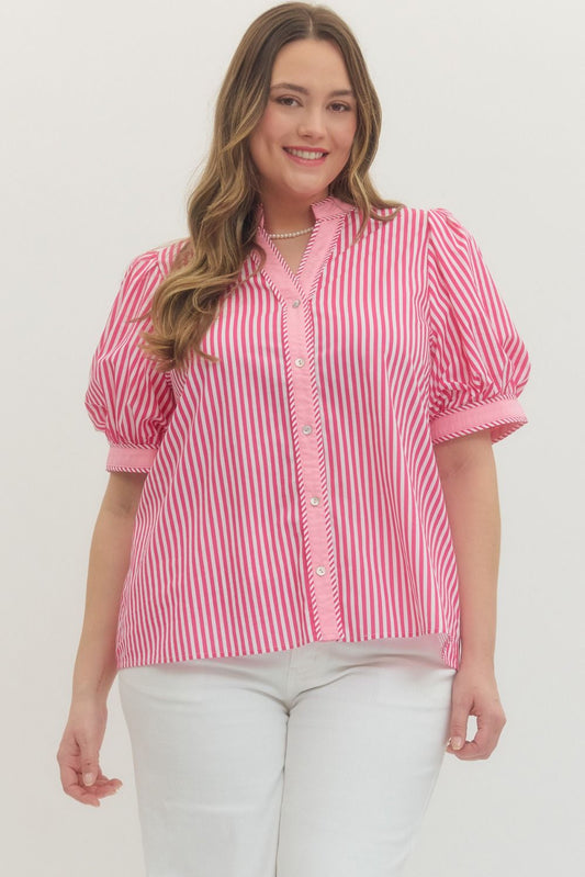Hot Pink Stripe Print Contrast Top, available in sizes XS-XL. Features bold pink stripes with contrasting accents.