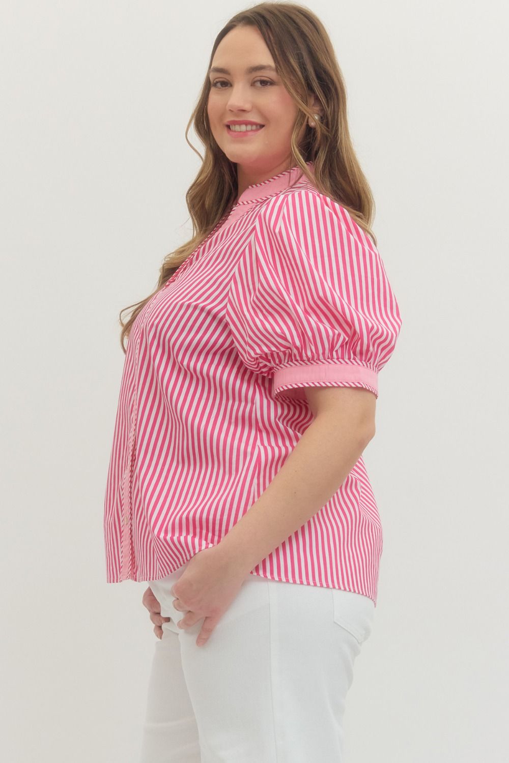 Hot Pink Stripe Print Contrast Top with bold stripes and contrast detailing. Available in sizes XS-XL.
