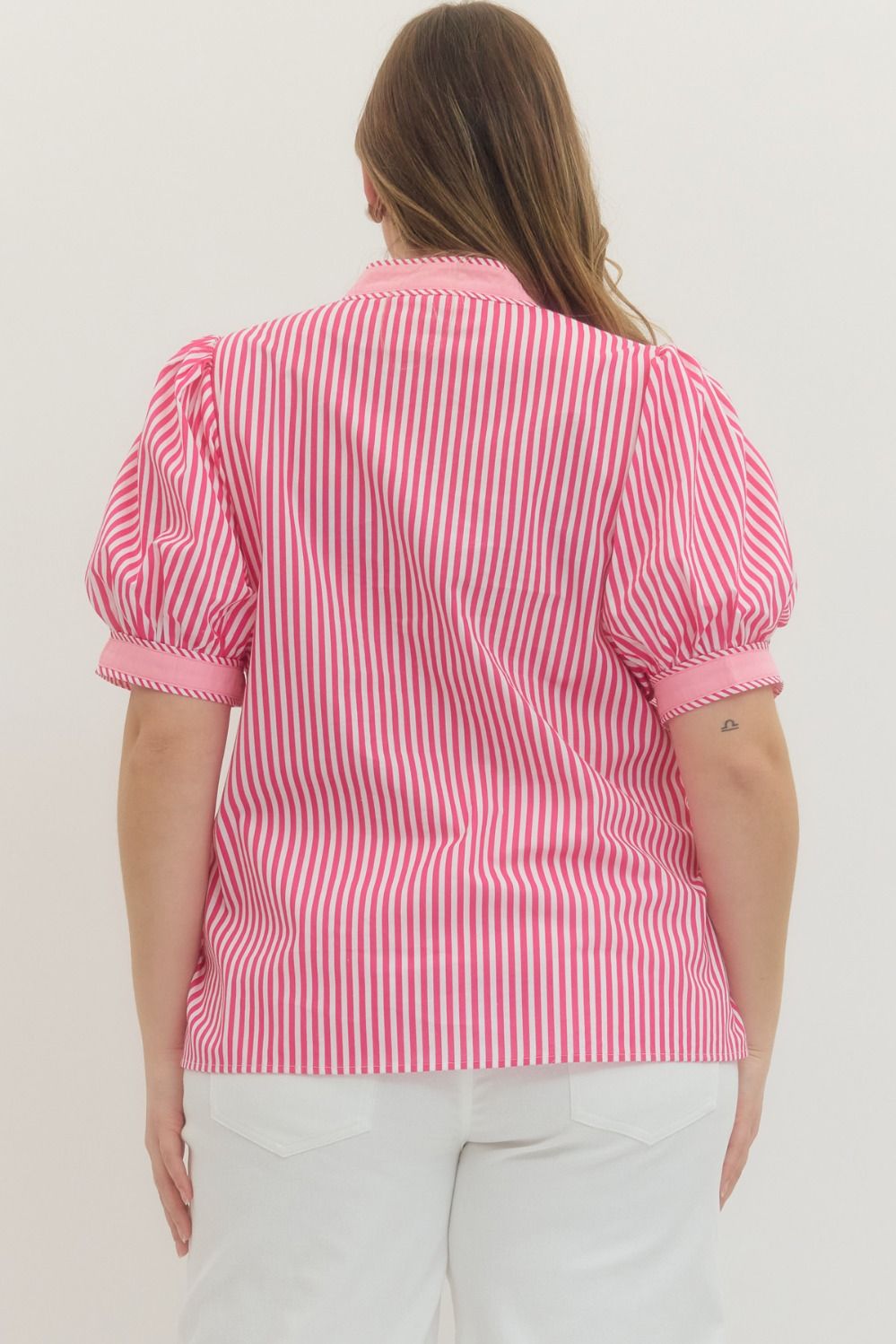 Hot Pink Stripe Print Contrast Top with bold stripes; available in sizes XS-XL.