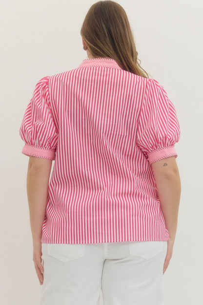 Hot Pink Stripe Print Contrast Top with bold stripes; available in sizes XS-XL.