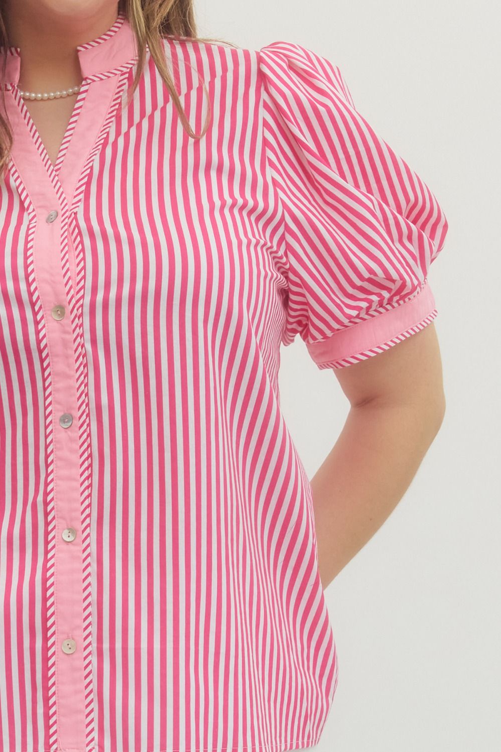 Hot Pink Stripe Print Contrast Top with puff sleeves and stand collar. Available in sizes XS–XL.