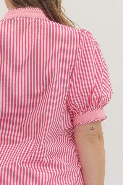 Hot Pink Stripe Print Contrast Top, plus size, puff sleeves, pink and white vertical stripes. Available in sizes 1X-4X.