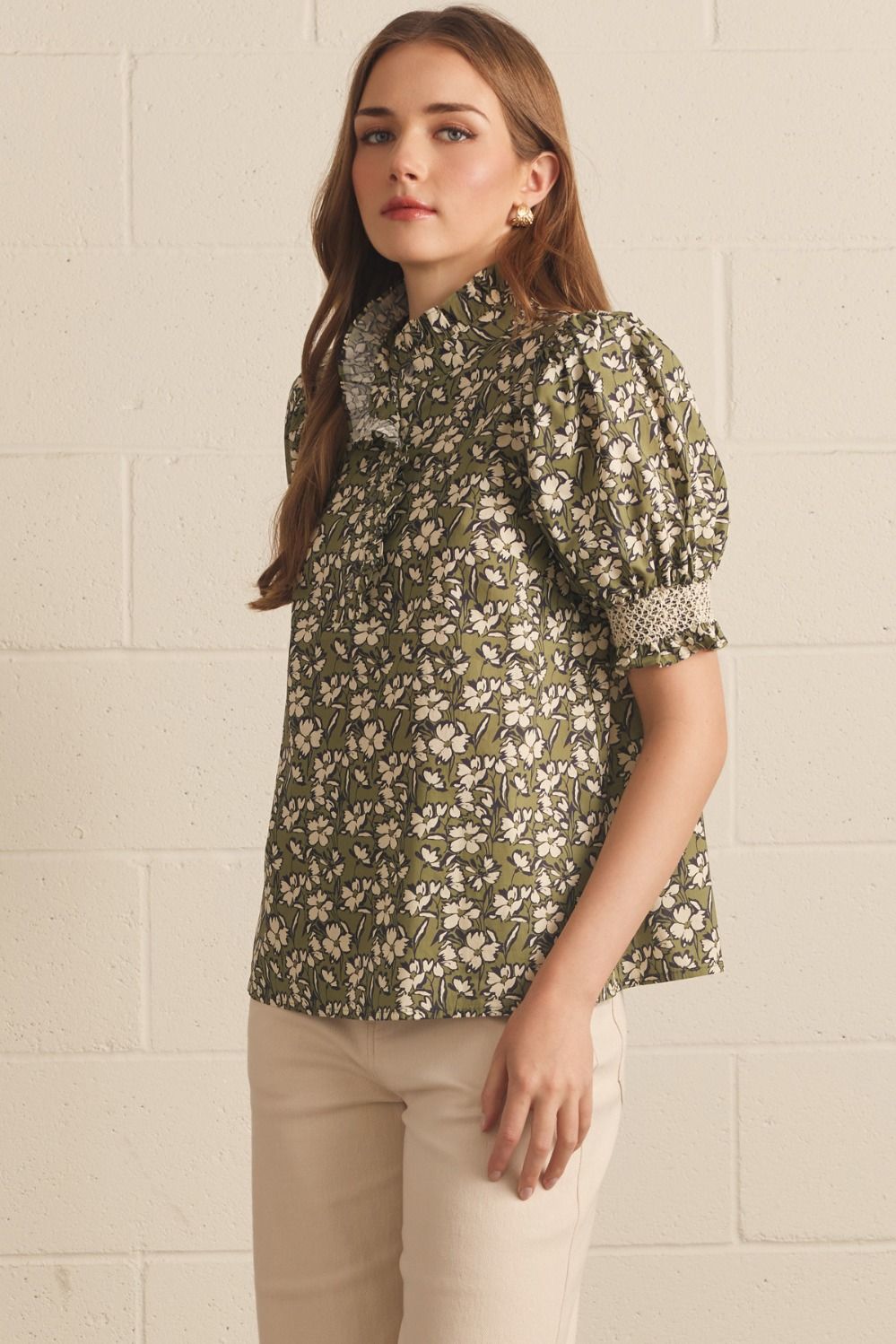 Willow Bloom Ruffle Top: olive green, floral, ruffles, puff sleeves. Available in XS-XL.
