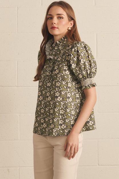 Willow Bloom Ruffle Top: olive green, floral, ruffles, puff sleeves. Available in XS-XL.