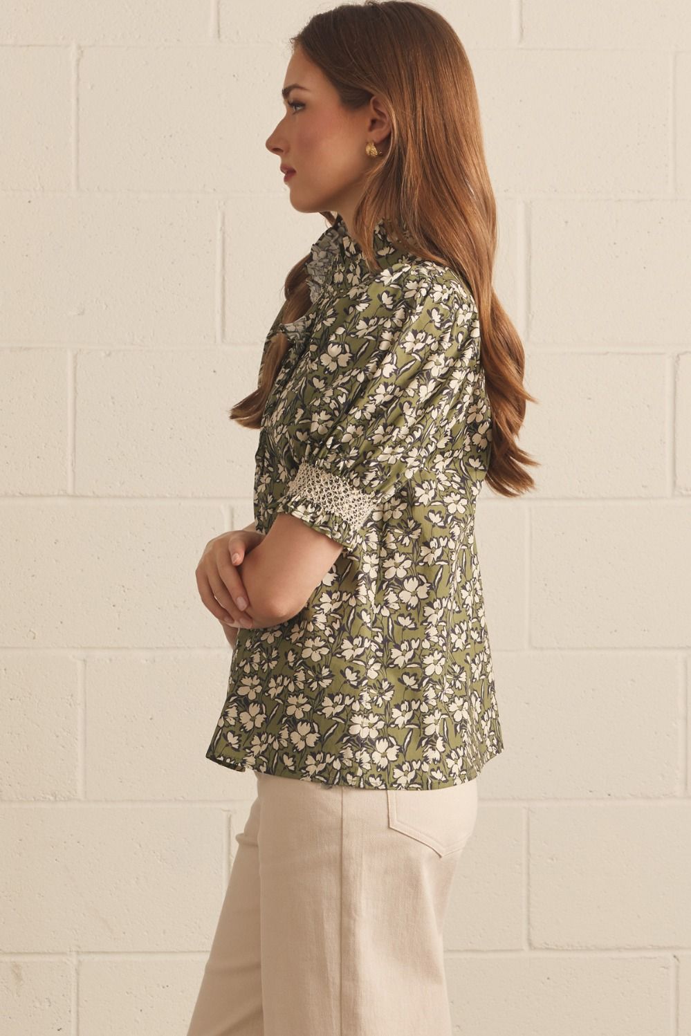 Willow Bloom Ruffle Top with smocked sleeves. Available in XS-XL.