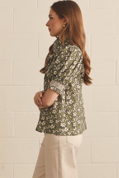 Willow Bloom Ruffle Top with smocked sleeves. Available in XS-XL.