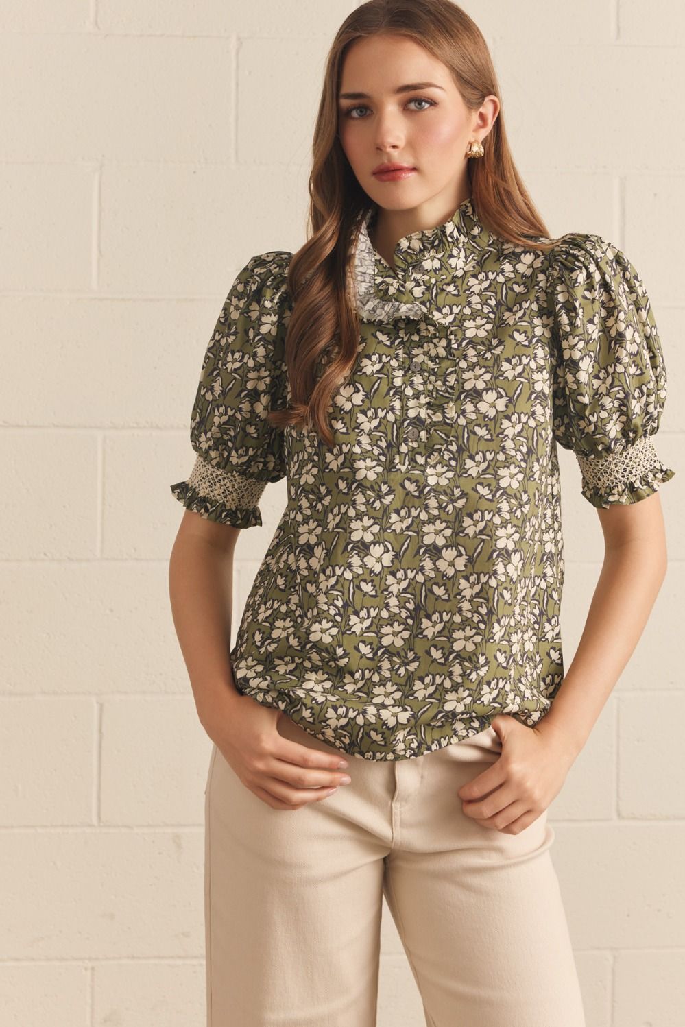 Willow Bloom Ruffle Top with puff sleeves. Available in sizes XS-XL.
