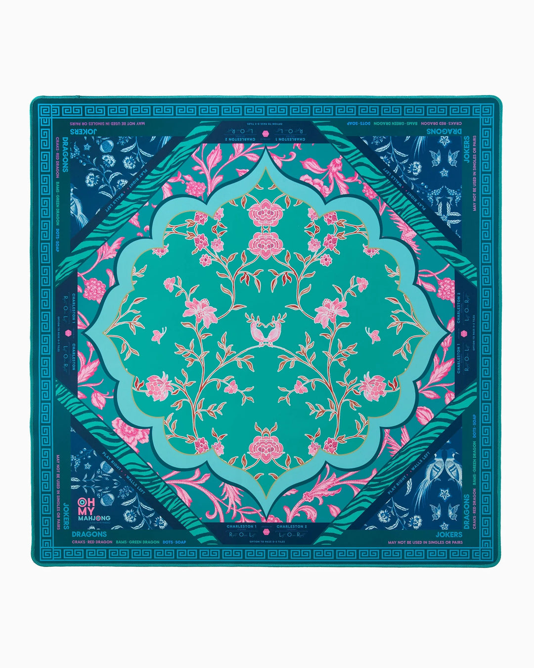 Square silk scarf with turquoise, teal, and pink floral motifs, blue borders, animal corners. Available in multiple sizes.