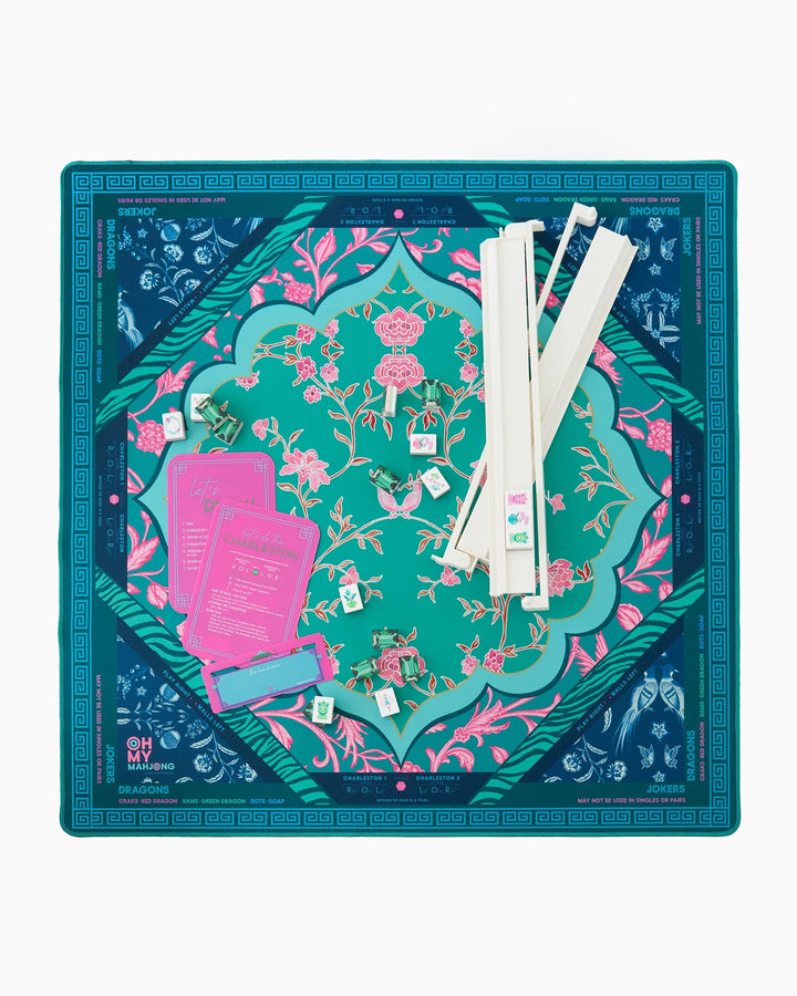 Teal and pink floral Esme Mat in Tube for mahjong. Available in multiple sizes.