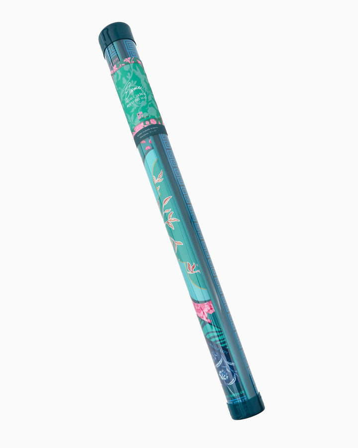 Teal and green floral bird-themed tube with clear window shows patterned Mahjong mat inside. Available in multiple sizes.