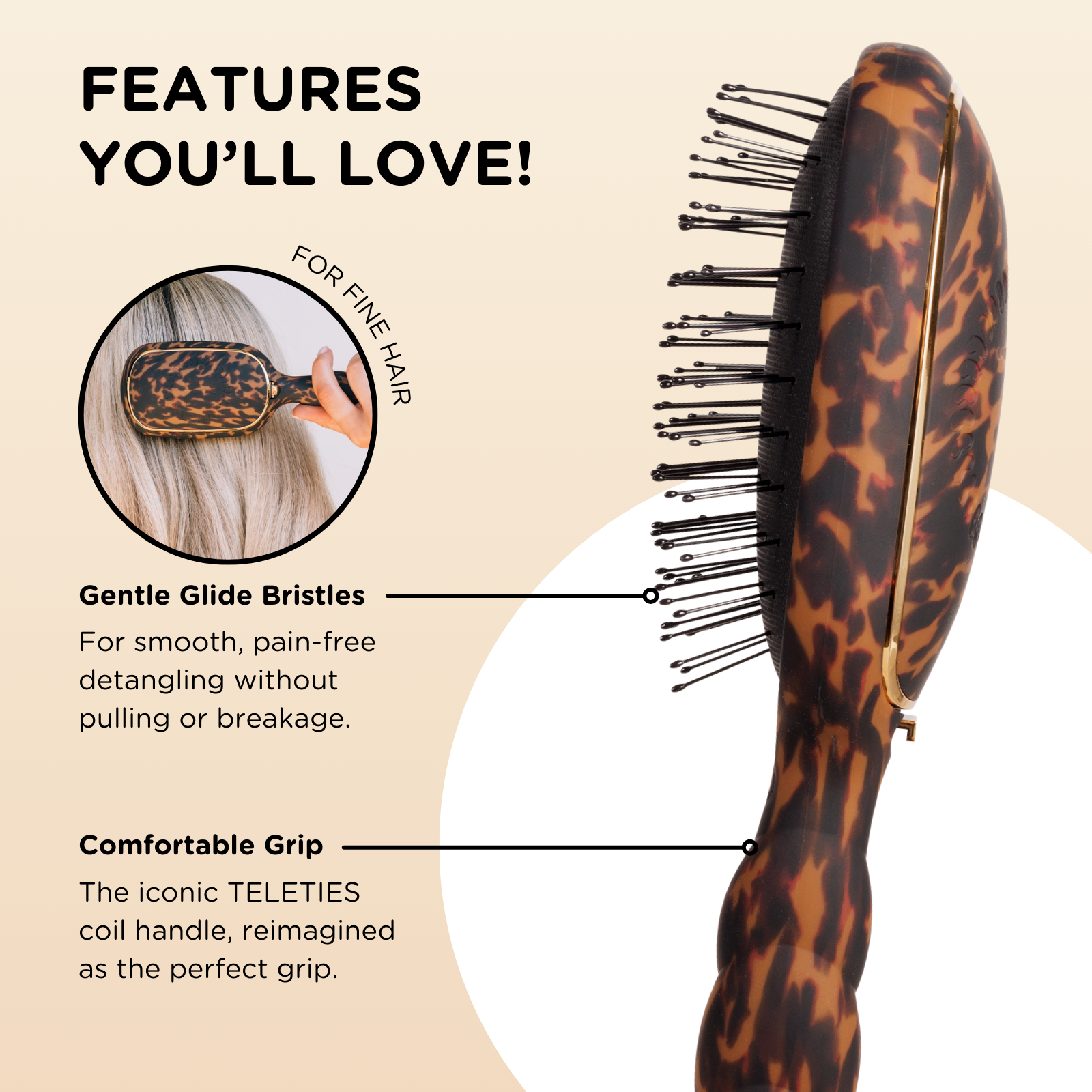 The Detangler Hair Brush for Fine Hair | Tortoise shown from the side with gentle glide bristles, coil handle. Sizes: small, large.