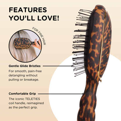 The Detangler Hair Brush for Fine Hair | Tortoise shown from the side with gentle glide bristles, coil handle. Sizes: small, large.
