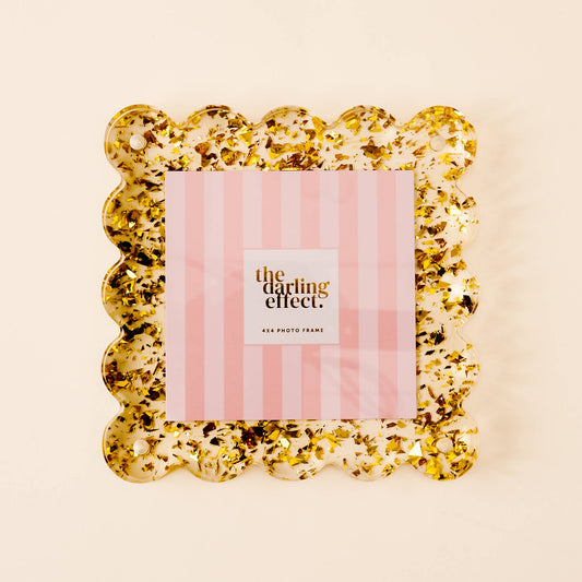 Square Scalloped Acrylic Frame-Confetti Gold for 4x4 photos, features gold confetti design. Available in 4x4 size.
