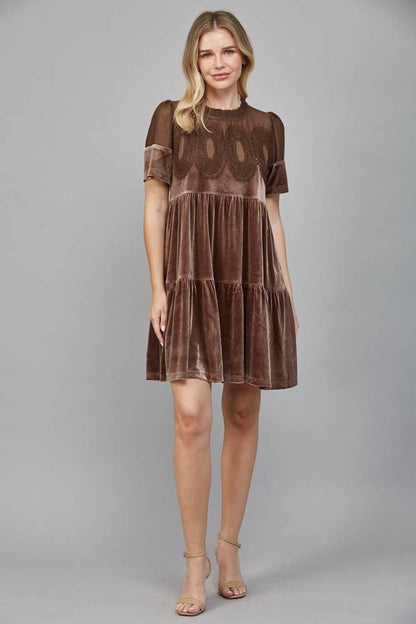Contrast Sheer Mesh With Intricate Lace Detail Velvet Dress