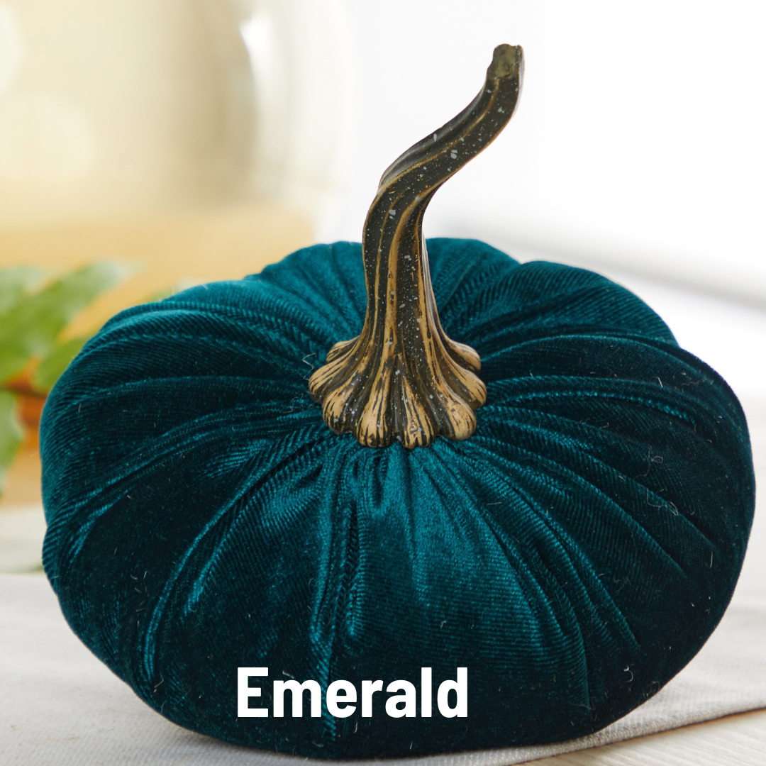Large plush fern green velvet pumpkin with a realistic brown stem, available in multiple sizes. “Fern” is labeled at the bottom.