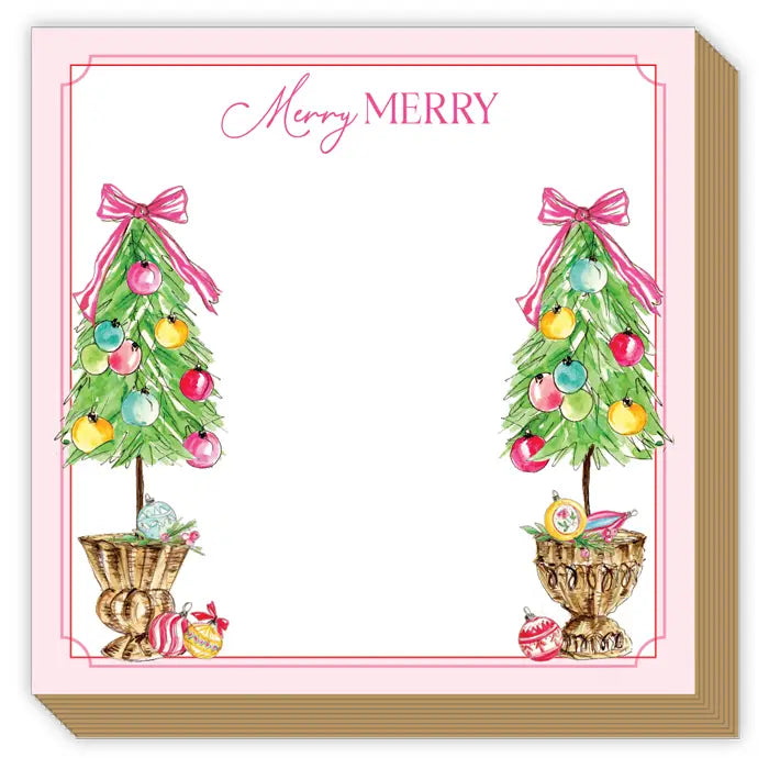 Festive "Merry MERRY" Luxe Notepad featuring two ornamented trees in gold pots. Available in 4x6" and 5x7" sizes.
