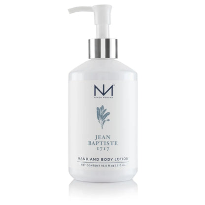 White pump bottle, "Jean Baptiste Hand and Body Lotion" by Niven Morgan, 10.5 fl oz (310 ml), minimalist design.