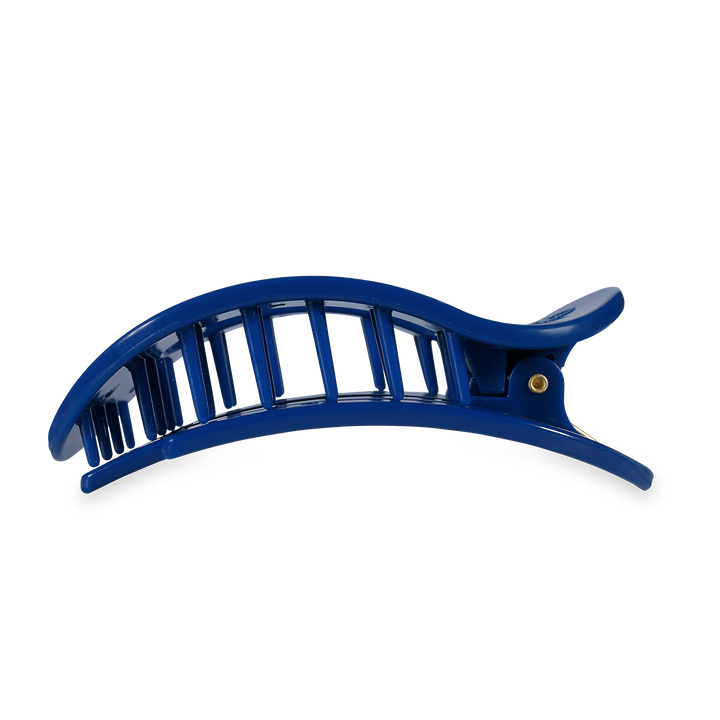 Blue plastic curved Texas Rangers hair clip with open lattice design and spring hinge. Sizes available: one size fits most.
